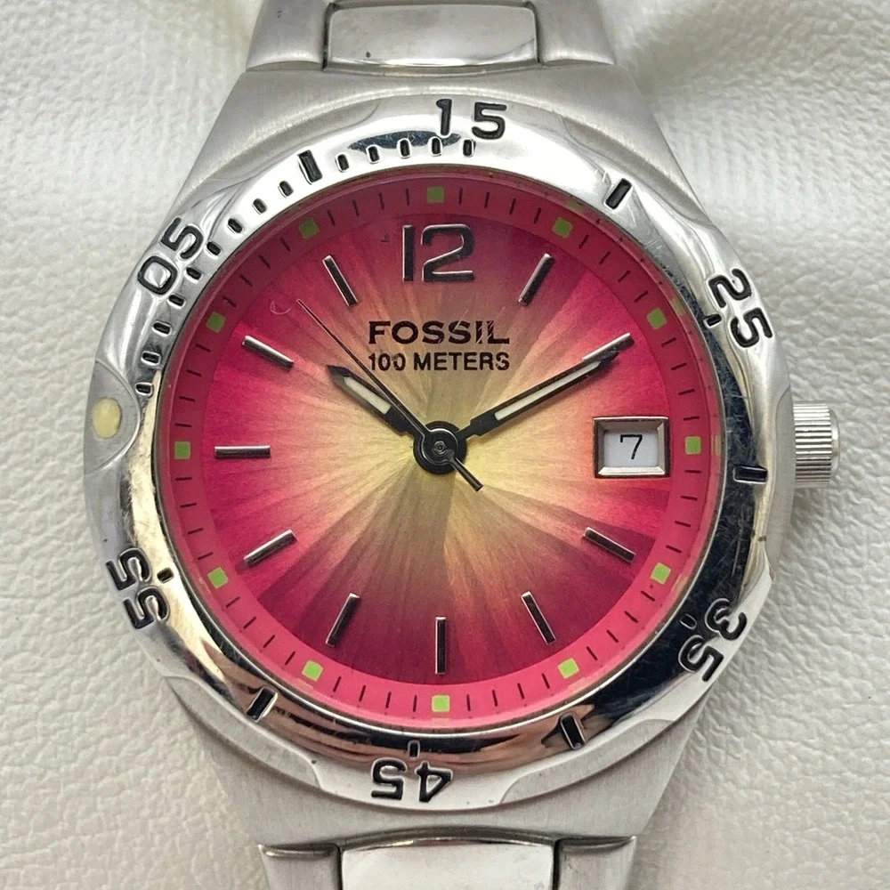 Fossil Women's Watch 28mm Silver Tone Red Yellow Ombre Date New Battery SMALL 6